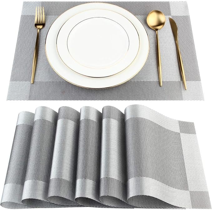 DACHUI Placemats Set of 6, Linen Look Woven Place Mats, Water Resistant, Heat Resistant, Washable, Durable Table Mats (Silver Grey)
