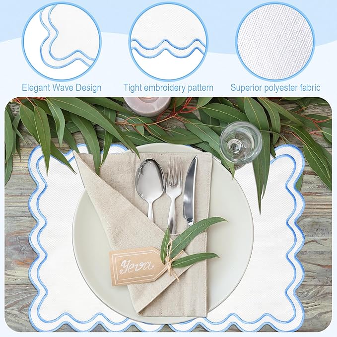 HunnmingRe Set of 6 Cotton Linen Placemats, 13x19 Inch Scalloped Wavy Embroidery Placemat Double Layered Washable Rustic Rectangle Dinner Table Mats for Wedding Home Decor(White with Blue)