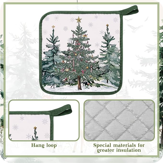 Bencailor 12 Pcs Pot Holders with Pocket Kitchen Hot Potholders Hot Pad Oven Mitts Cookie Bag Oven Gloves for Kitchen Gift Baking Cooking (Green,Reindeer)