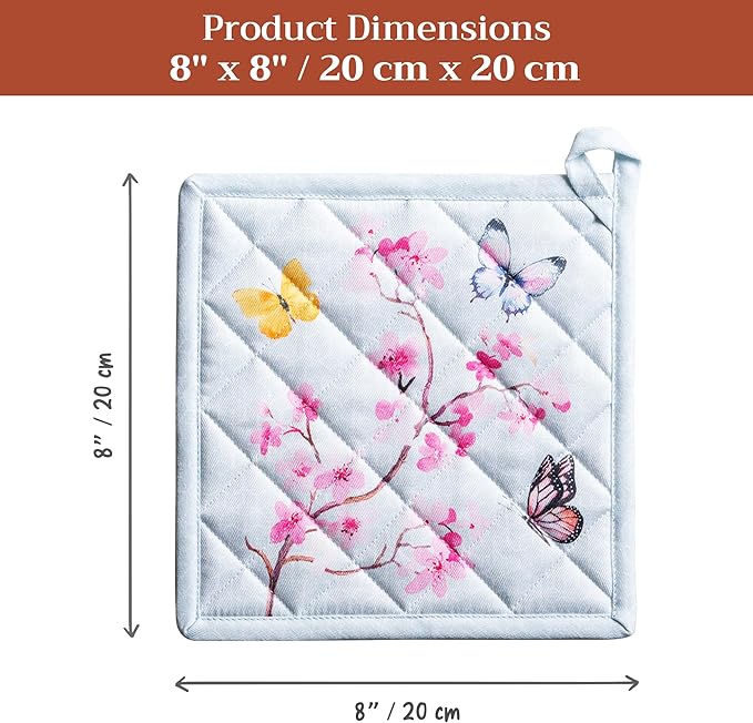 Maison d' Hermine Pot Holders 100% Cotton Heat Resistant Potholders 8" x 8" Hot Pads with Loop BBQ Baking Gifts for Mothers Day Handling Hot Pans Spring/Summer (Pack of 1, Blossoms in Spring)