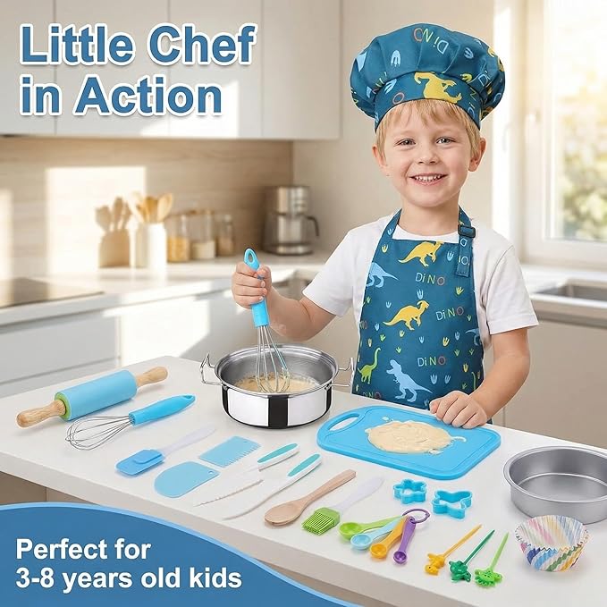 42-Piece Kids Cooking Set - Real Knife, Baking Set, Pots & Pans, Pretend Play Toys - Apron & Chef Hat for Boys