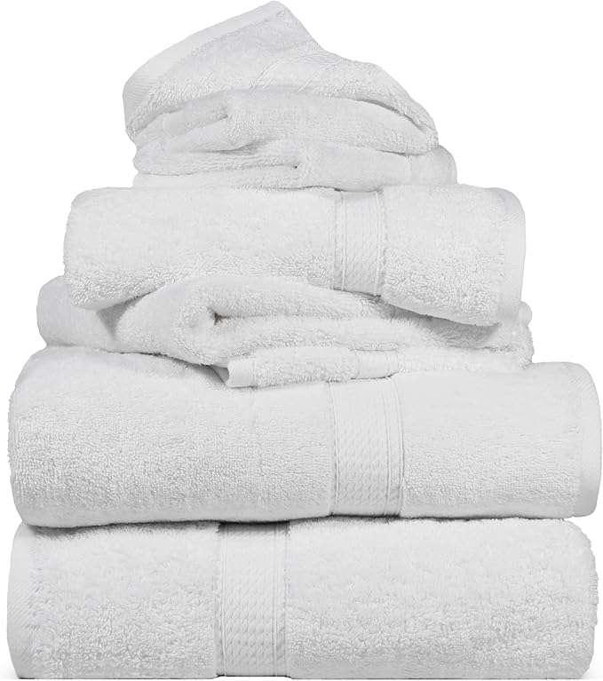 SUPERIOR Egyptian Cotton Pile 6 Piece Towel Set, Includes 2 Bath, 2 Hand, 2 Face Towels/Washcloths, Ultra Soft Luxury Towels, Thick Plush Essentials, Guest Bath, Spa, Hotel Bathroom, White
