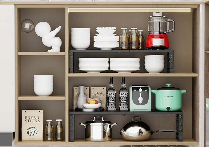 Jojocross Expandable Stackable Spice Rack Organizer for Kitchen Cabinet,Adjustable Counter Shelf, countertop, Pantry,Cupboard,Bathroom,Bedroom(1Pack/Black/Medium)