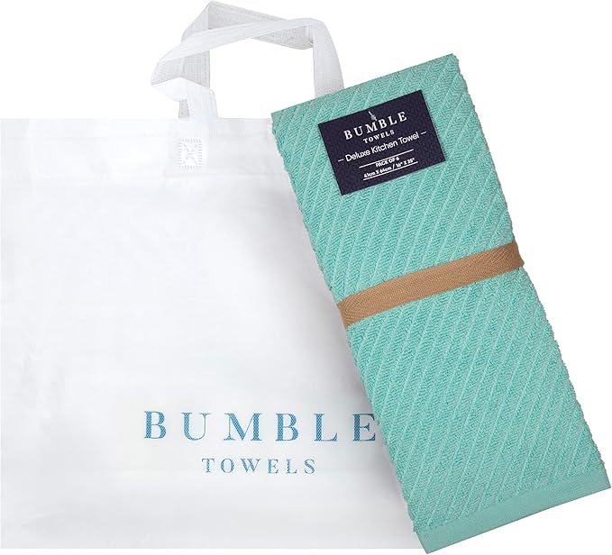 Premium Kitchen Towels (16”x 25”, 6 Pack) | Large Cotton Kitchen Hand Towels | Dish Towels | Diagonal Weave Design | 445 GSM Highly Absorbent Tea Towels Set with Hanging Loop | Aqua & Navy