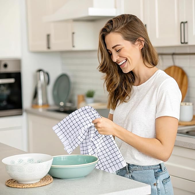 Homaxy 100% Cotton Kitchen Towels 4 Pack-15 X 25 Inches, Check Design Waffle Weave Hand Tea Towels, Super Soft and Absorbent Dish Towel for Drying Dishes, Navy Blue
