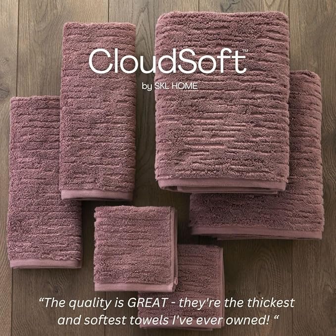 SKL Home CloudSoft 100% Cotton Luxury 6-Piece Towel Set, 600 GSM, Ultra Plush & Absorbent - 2 Bath Towels, 2 Hand Towels, 2 Washcloths, Soft Plum