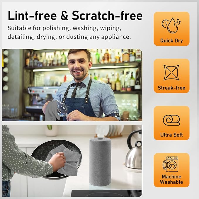 Microfiber Cleaning Cloth Roll, 75 Pack Tear Away Microfiber Towels, Reusable Washable Shop Towels, Lint Free Cleaning Rags for Car, Home, Garage & Workshop 11.5"x11.5" Grey