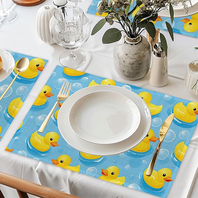 Cute Duck Table Mats Set of 6,Non-Slip Washable Placemats for Restaurant Home Kitchen Dinner Table 12x18Inch