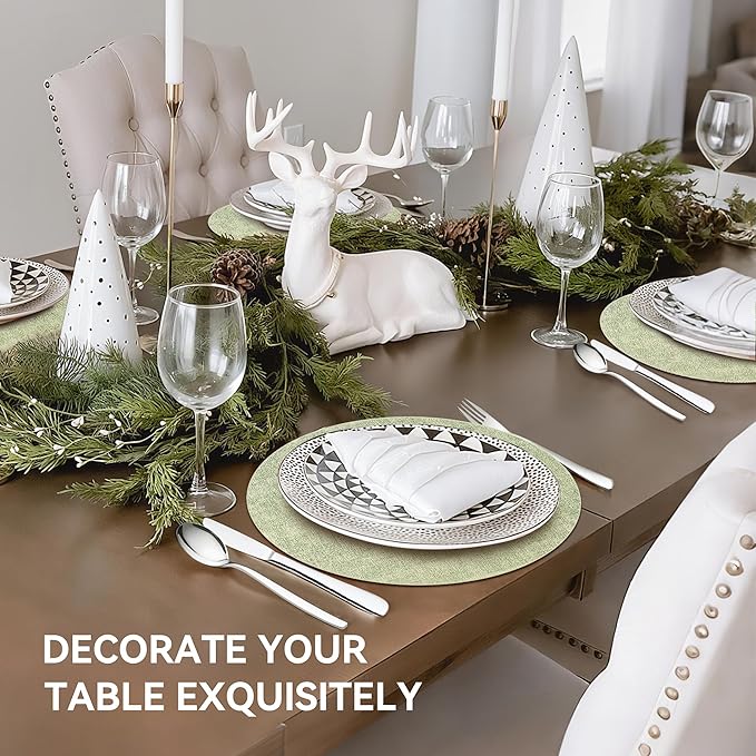 13" Round Placemats Set of 8, Reversible Faux Leather Heat Resistant Table Mats, Waterproof Oilproof Wipeable Table Protective Placemats for Vinyl, Washable for Indoor & Outdoor Use (8, Light Green)