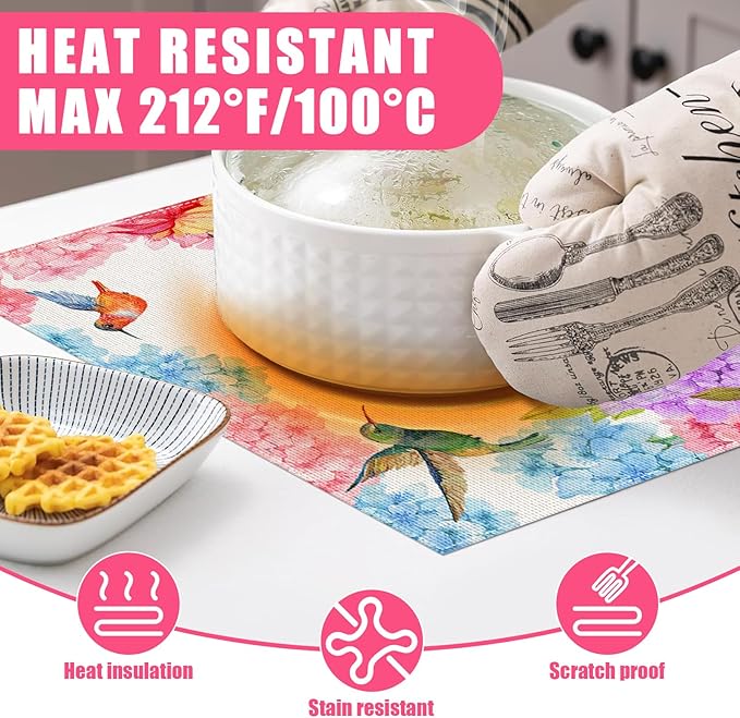 Flowers and Humming Birds Placemats Set of 6,12x18 Inch Spring Floral Linen Place Mat Washable Stain Resistant Table Mats for Seasonal Farmhouse Kitchen Party Home Decor