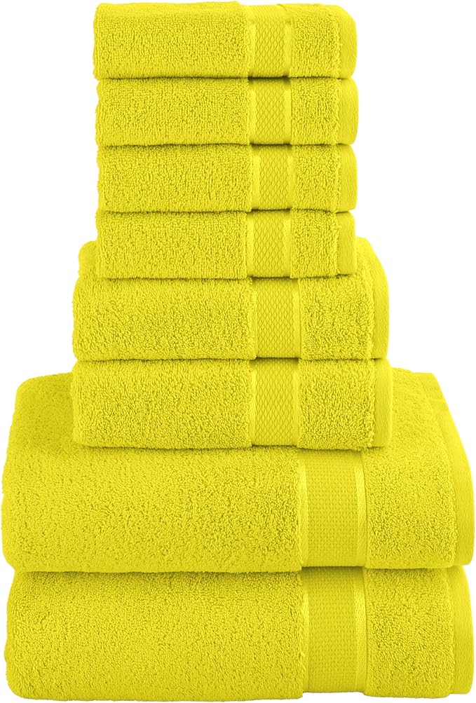 Elegant Comfort Premium Cotton 8-Piece Towel Set, Includes 4 Washcloths, 2 Hand Towels and 2 Bath Towels, 100% Turkish Cotton - Highly Absorbent and Super Soft Towels for Bathroom, Yellow