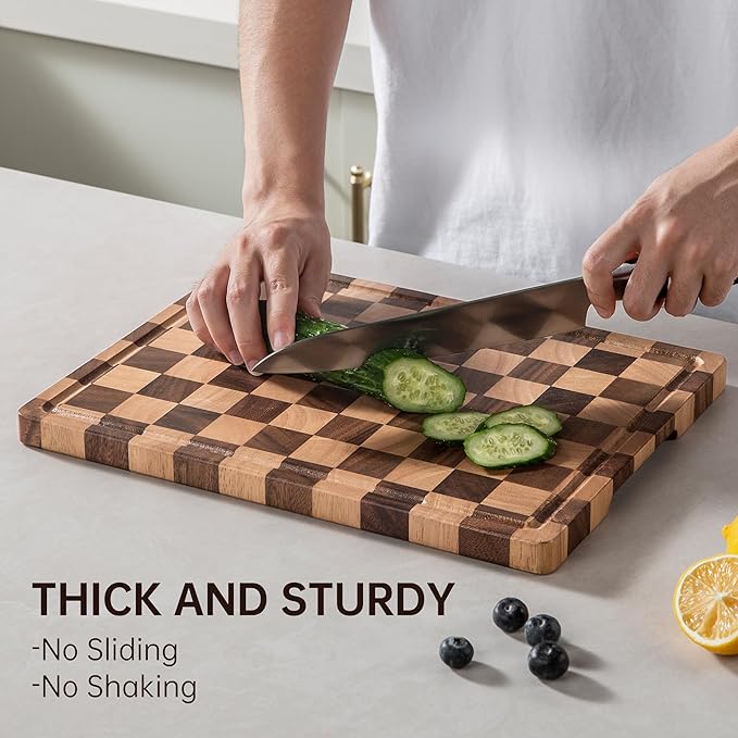 Checkerboard Cutting Boards for Kitchen, Acacia Wooden Cutting Board, End Grain Chopping Board with Juice Groove, Serving Tray for Meat, Vegetables, Fruits, Bread, Cheese, 14" X 11" X 0.8"