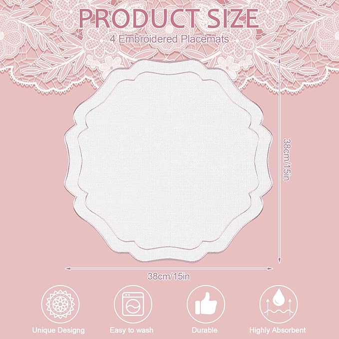 4 Sets Ribbon Twirl Cotton Linen Placemats, 15 inch Embroidery Round Cloth Table Mats with Pink Scalloped Edge Washable Fabric Place Mats Flower Shape for Wedding Baby Shower Party Table Decor