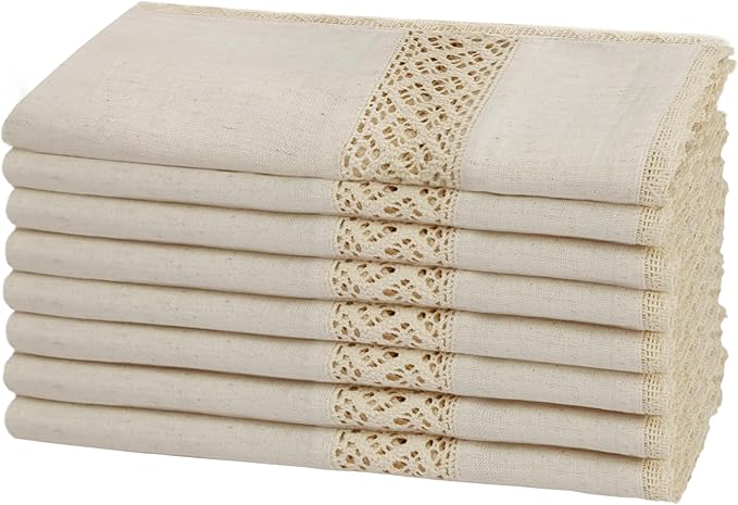COTTON CRAFT Cloth Napkins with Lace - Set of 8 Natural Cotton Flax Elegant Everyday Fall Harvest Thanksgiving Holiday Table Lunch Dinner Napkins - Washable Reusable Serviette - 17x17 inches