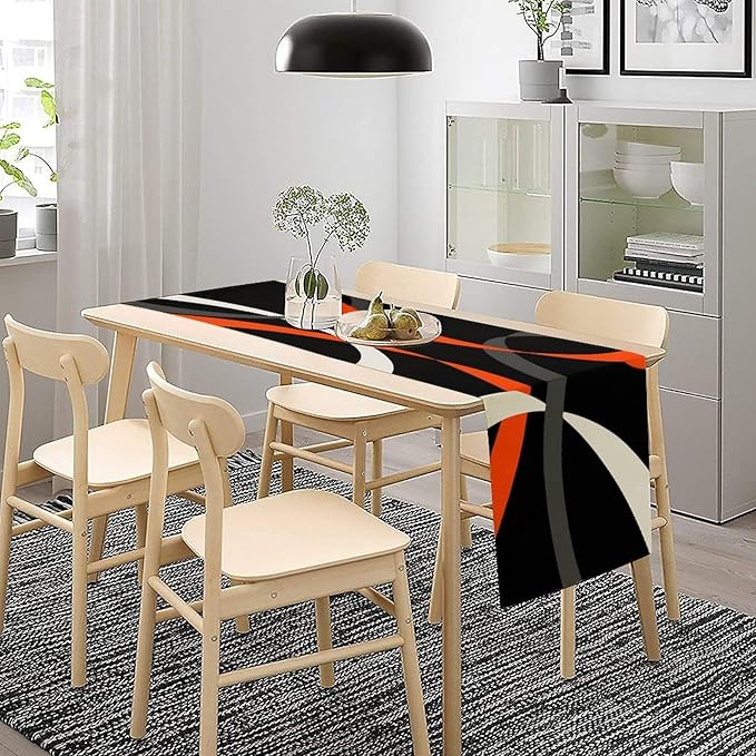 Abstract Orange Geometric Table Runner Grey and White Striped Black Background Modern Kitchen Dinner Runner for Indoor Home Living Room Party Dining Table Decoration 13"x70"