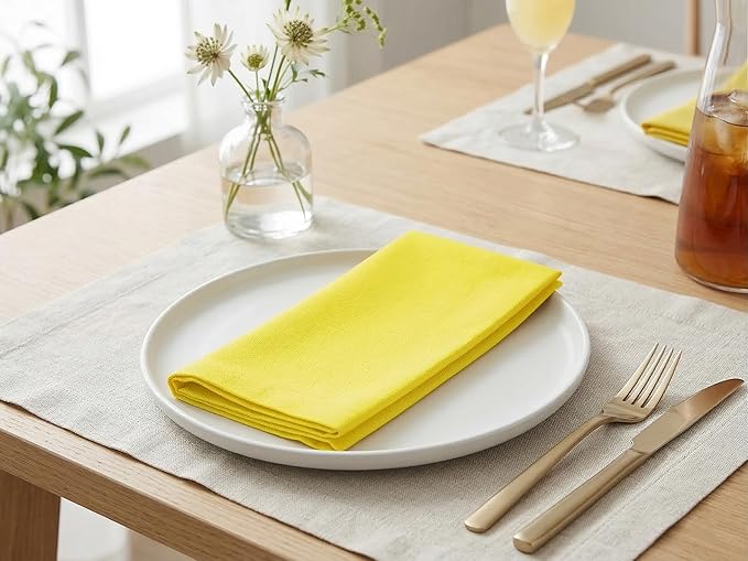 PurpleEssences Set of 12 Cloth Dinner Napkins 100% Cotton 18x18 Inch - Soft Durable Washable - Ideal for Farmhouse Party Spring Easter Summer - Perfect Everyday Use Table Linen - Yellow