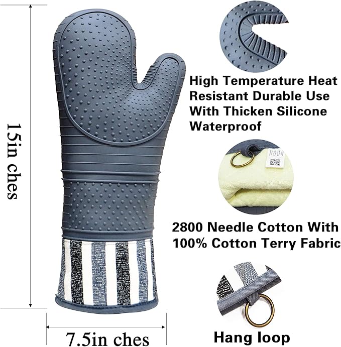 RED LMLDETA Heat Resistant 550 Degree Oven mitt, Silicone Oven Hot Mitts - 1 Pair, Extra Long Professional Baking Oven Gloves - Food Safe,Pot Holders Cooking,Grilling,Kitchen (Grey Mittens)