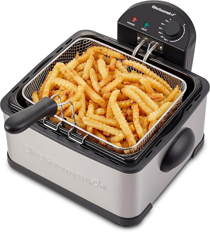 Elite Gourmet EDF475 Electric Deep Fryer 4.2 Quart Oil Capacity with Temperature Knob, 1 x 4Qt Basket, Powerful 1700 Watts, Lid with Anti-Odor Filter & Viewing Window, Stainless Steel
