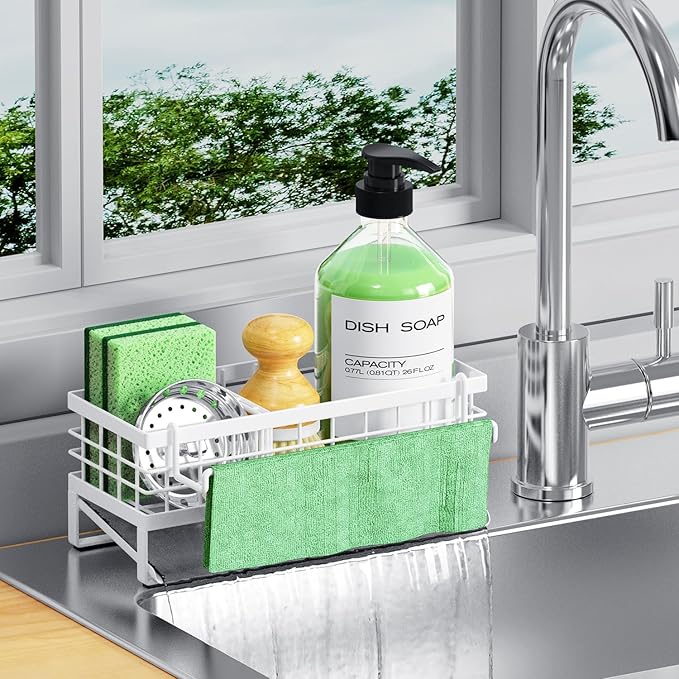 Self-Draining Kitchen Sink Caddy, Rustproof Non-Slip Sponge Holder with Detachable Dish Cloth Holder (White)
