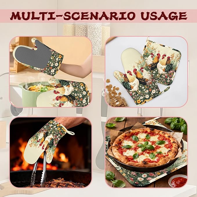 Chicken Rooster Farm Flower Heat-Resistant Silicone Oven Mitts and Pot Holder 4 Piece Set,Non-Slip Kitchen Oven Gloves for Baking, BBQ, Cooking,Grilling