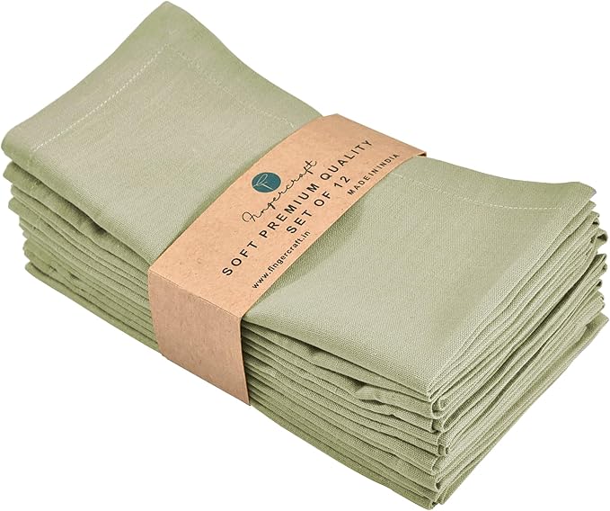 FINGERCRAFT Dinner Cloth Napkins, Cotton Linen Blend Mitered Corner Napkins Cloth 12 Pack Natural Premium Quality for Every Day Use, Parties, Easter, Thanksgiving, Weddings, 18x18 inch Sage Green