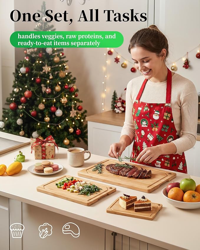Kitchen Cutting Board Set - 3-Piece Wooden Cutting Boards for Kitchen with Juice Groove, Handles, Hang Holes, Stylish Kitchen Essentials for Chpping & Serving, Natural, 0.6"Th - (L+M+S)