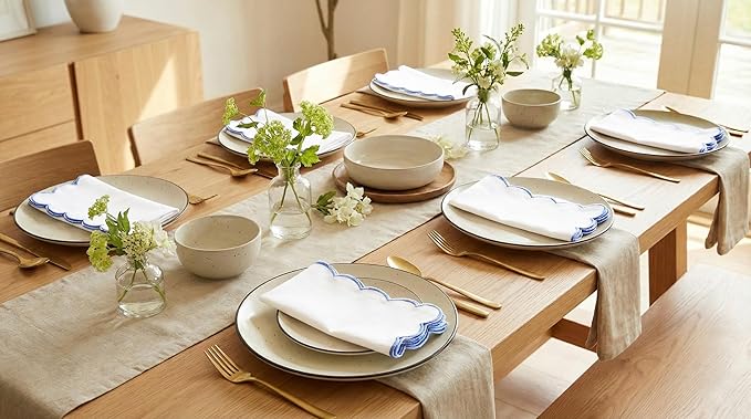 PurpleEssences Scalloped Embroidery Cloth Napkins - Spring Easter Summer - Table Decor - 100% Cotton - Set of 4-18x18 inch - White - Edges - Light Blue