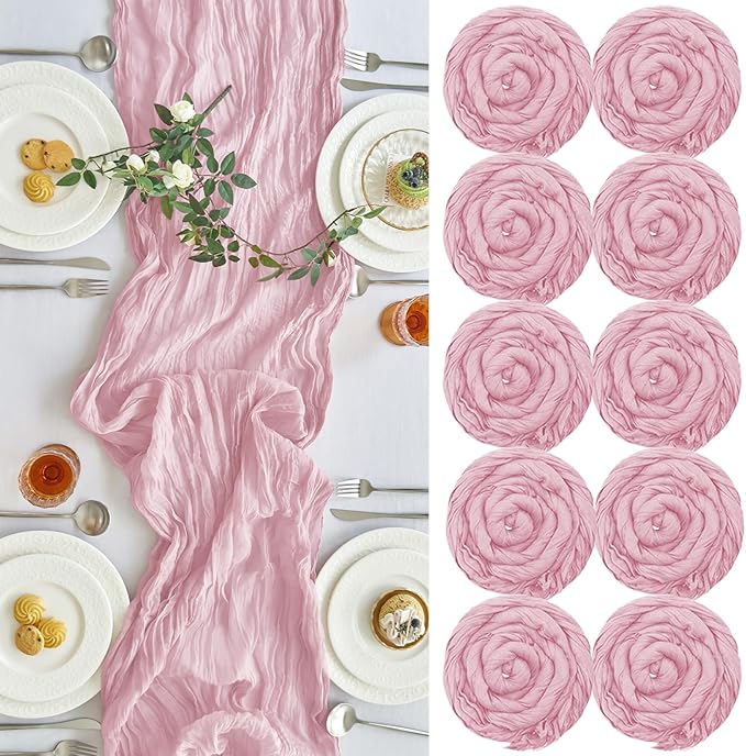 IVAPUPU 10 Pcs Cheesecloth Table Runner - 10ft Pink Spring Boho Gauze Cheese Cloth Table Runners for Baby Shower Decorations Wedding Party Summer Garden Farmhouse Decor