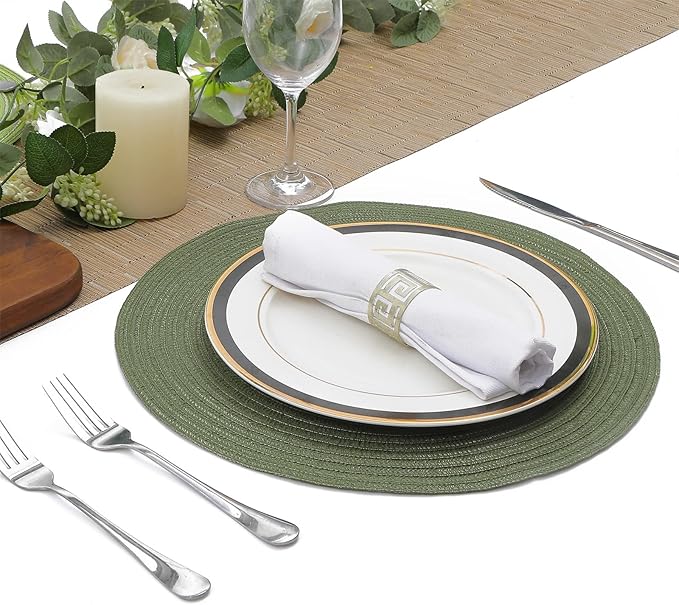SHACOS Round Placemats Set of 8 Washable 15 inch Round Table Mats Cotton Polyester Woven Braided Place Mats for Dining Table Wedding Party Decor (Olive Green, 8)