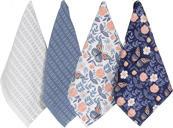 Ritz 100% Cotton Kitchen Towels, Butterfly Spring – 16"x26" – Absorbent Dish Towels for Drying & Cleaning – Soft & Durable (Set of 4)