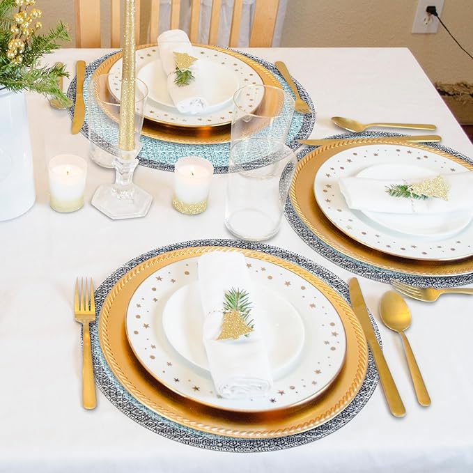 Niviy Blue Grey Ethnic Boho Round Placemats Set of 4, 15 Inch Linen Burlap Washable Durable Art Table Mats for Holiday Party Kitchen Dining Room Decoration