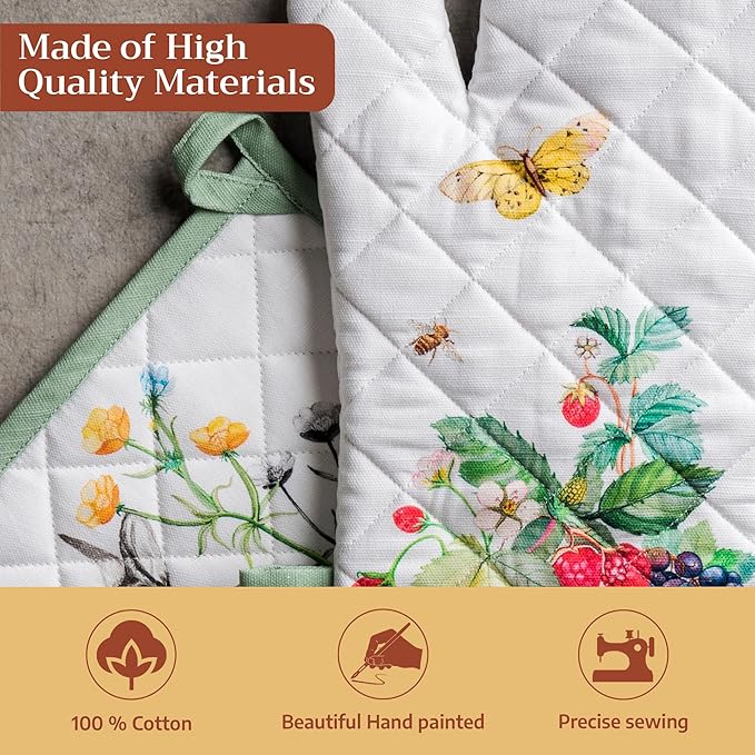 Maison d' Hermine 100% Cotton Oven Mitt & Pot Holder Set (7.5"x13" & 8"x8") Heat Resistant BBQ Cooking Gloves with Loop Baking Grilling Kitchen Gifts for Mothers Day Spring/Summer (Printemps)