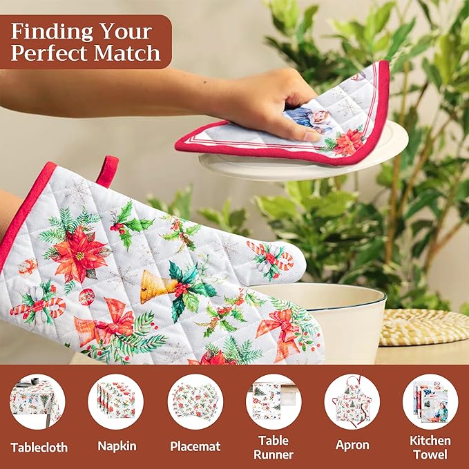 Maison d' Hermine Oven Gloves 100% Cotton Oven Mitt 7" x 13" with Loop Heat Resistant BBQ Cooking Gloves for Thanksgiving Christmas Decorations Baking Handling Hot Pans (Pack of 1, Chromo)