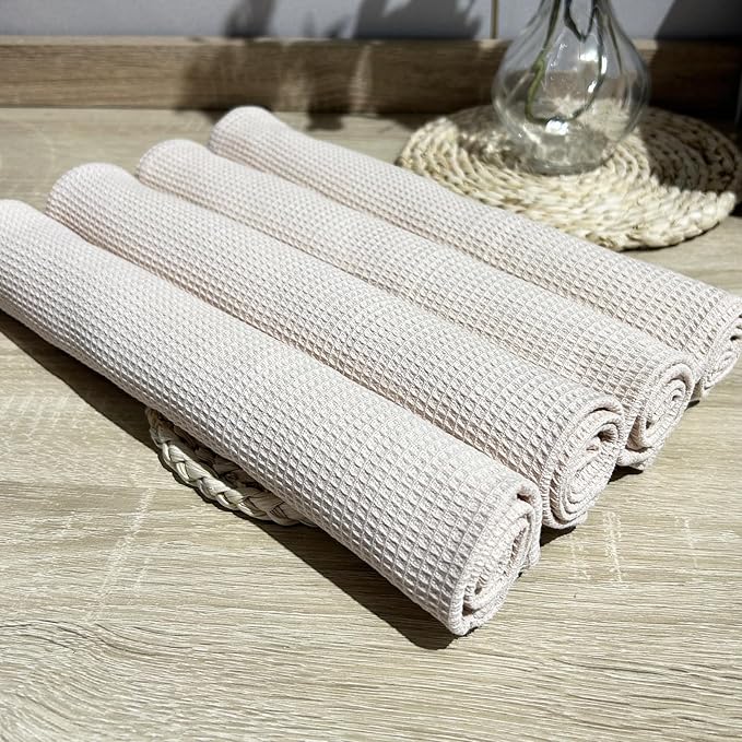 PY HOME & SPORTS Dish Towels Set - 4 Pieces 17 x 25 Inches Khaki 100% Cotton Waffle Weave Kitchen Towels, Absorbent Kitchen Hand Dish Cloths for Cleaning and Drying