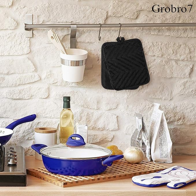GROBRO7 5Pack Cotton Pocket Pot Holder Set Kitchen Heat Resistant Potholder Machine Washable Hot Pads Bulk Oven Mitts Black Plain Hot Pads Trivet for Baking Cooking with Pocket 7x9