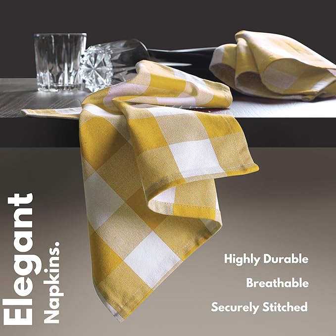 Native Fab Set of 4 Buffalo Plaid Cloth Dinner Napkins - 100% Cotton - 16x16 inches, Soft, Absorbent, Restaurant Hotel Quality - Easy Care, Washable, Everyday Use - Lemon Yellow
