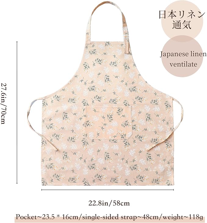 Bakery & Cooking Apron for Men and Women, Adjustable Japanese Style Chef Apron with Waist Belt, 1 Large Pocket, Countryside Linen Look for Kitchen, Baking, Gardening