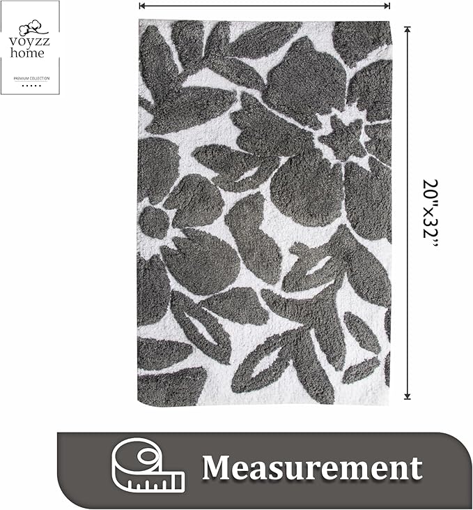 voyzz home Luxury 100% Cotton Spring Flower Bathroom Rug Mat, Extra Soft Thick Absorbent Tufted Bath Rugs, Machine Washable Plush Bath Mat for Bathroom, Shower, and Tub (20''x32'', Grey Leaf)…
