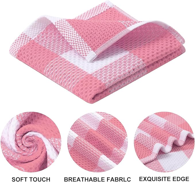 Mordimy 100% Cotton Waffle Weave Plaid Dish Cloths, 12 x 12 Inches, Super Soft and Absorbent Quick Drying Buffalo Check Dish Rags for Kitchen, 6-Pack, Pink