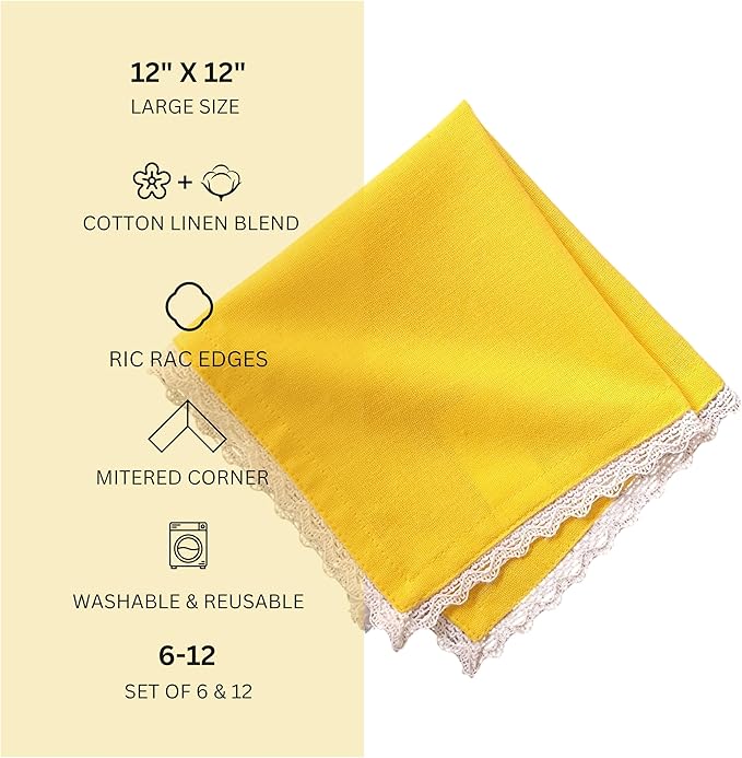 Fingercraft Dinner Cloth Napkin Cotton Linen Blend 12 Pack 12In Mitered Corners with Elegant Lace for Everyday Use Napkins Cloth are Pre Shrunk and Good Absorbency Yellow