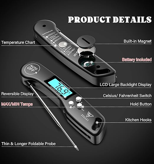 DOQAUS Digital Meat Thermometer, Instant Read Food Thermometer for Cooking with Backlit & Auto-Rotating Display, 4.6” Probe for Grilling, Baking, and Perfect BBQ - Black