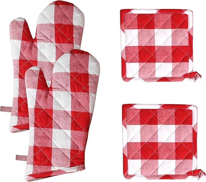 Native Fab Buffalo Plaid Check Oven Mitts and Pot Holders Set of 4, 100% Cotton Heat Resistant Kitchen Gloves, 2 Oven Mitts (7x13), 2 Pot Holders (8x8) for Cooking & Baking, Red White
