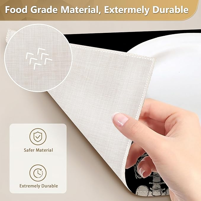 Funny Skull Skeleton Placemats Set of 6 Linen Washable, Heat-Resistant 12x18 Inch Table Place Mats for Kitchen Dining for Home Party Holidays