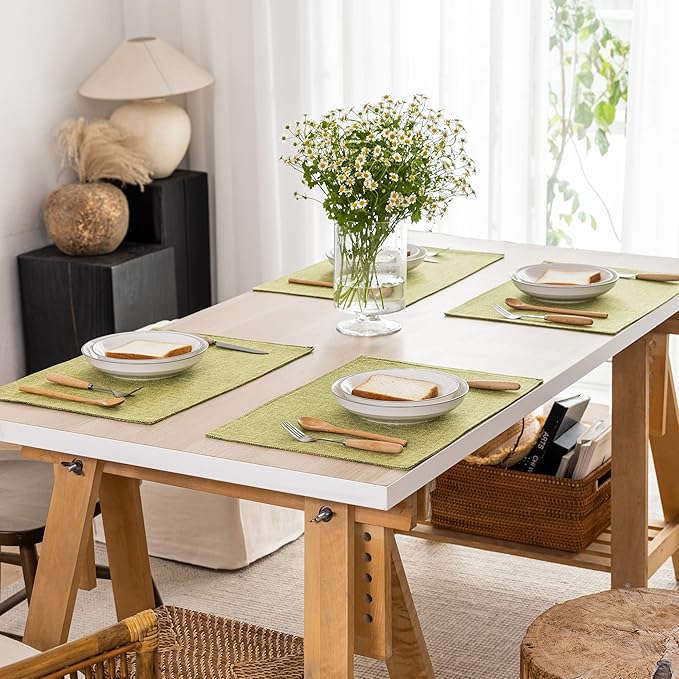 Kevin Textile Burlap Linen Placemats Set of 6 Heat Resistant Dining Table Place Mats Washable Kitchen Table Mats for Dinning Party Holiday Indoor Outdoor, 13 x19 inches, Linden Green