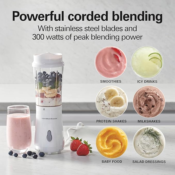 Hamilton Beach Portable Blender for Shakes and Smoothies,14 Oz BPA Free Travel Cup & Lid,Durable Stainless Steel Blades,Personal Smoothie Blender,2 Jars - White (51102V),(Pack of 2)