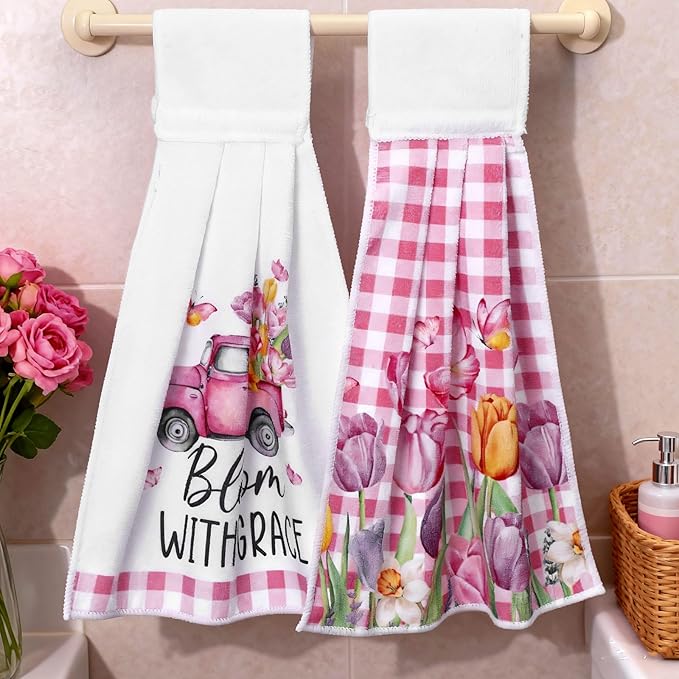 Tegeme 6 Pcs Hanging Kitchen Towels with Loop, Absorbent Hand Tie Towels Microfiber Decorative Fast Drying Kitchen Hanging Towel for Home Bathroom(Tulip)