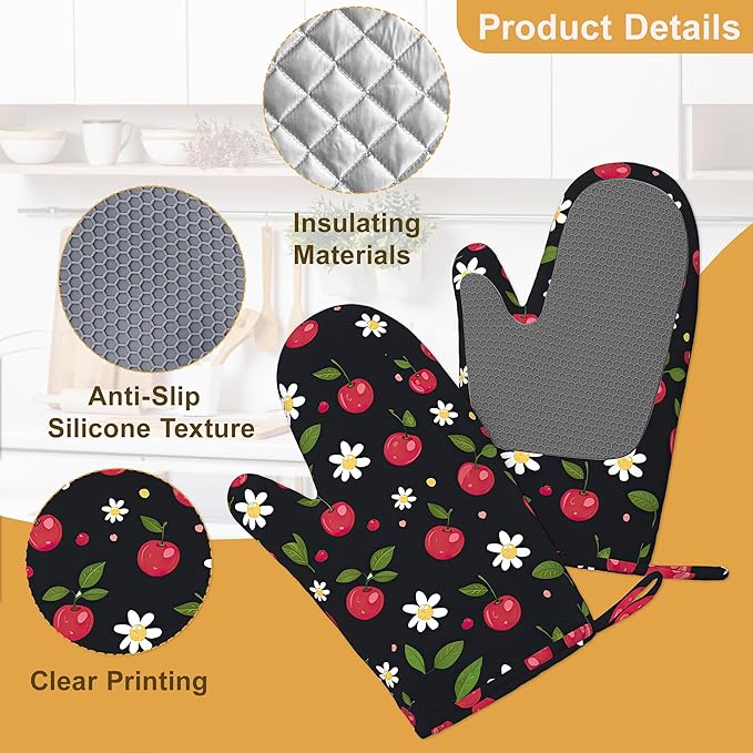 Cherry Oven Mitts and Pot Holders Sets of 4, Heat Resistant Daisy Floral Silicone Oven Mitts Gloves Non-Slip Kitchen Mittens Potholders for Cooking Baking Grilling BBQ