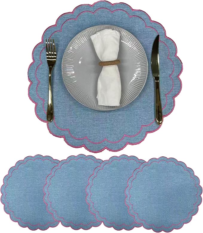 Linen Cotton Placemats Set of 4 Scalloped Flower Embroidery Place Mats 15'' Natural Linen Texture Fabric Machine Washable Table Mats for Restaurant Kitchen,Table Decor(Blue)