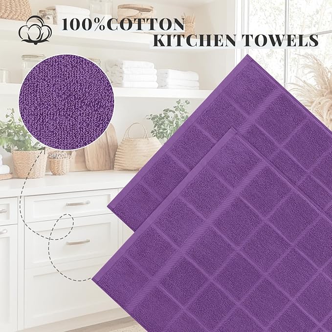 Homaxy Premium Kitchen Towels 18"x28", 4 Pack Large Cotton 380 GSM Dish Towels, Soft and Absorbent Kitchen Hand Towels with Terry Grid Design, Utility Tea Towel Set with Hanging Loop, Purple