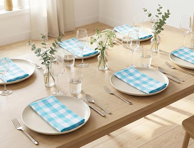 PurpleEssences Buffalo Plaid Cloth Napkins - Mitered Corners - Spring Easter Summer - Gingham Check Dinner Napkin - Set of 12-100% Cotton - 18x18 Inch - Reusable Washable - Aqua Blue and White